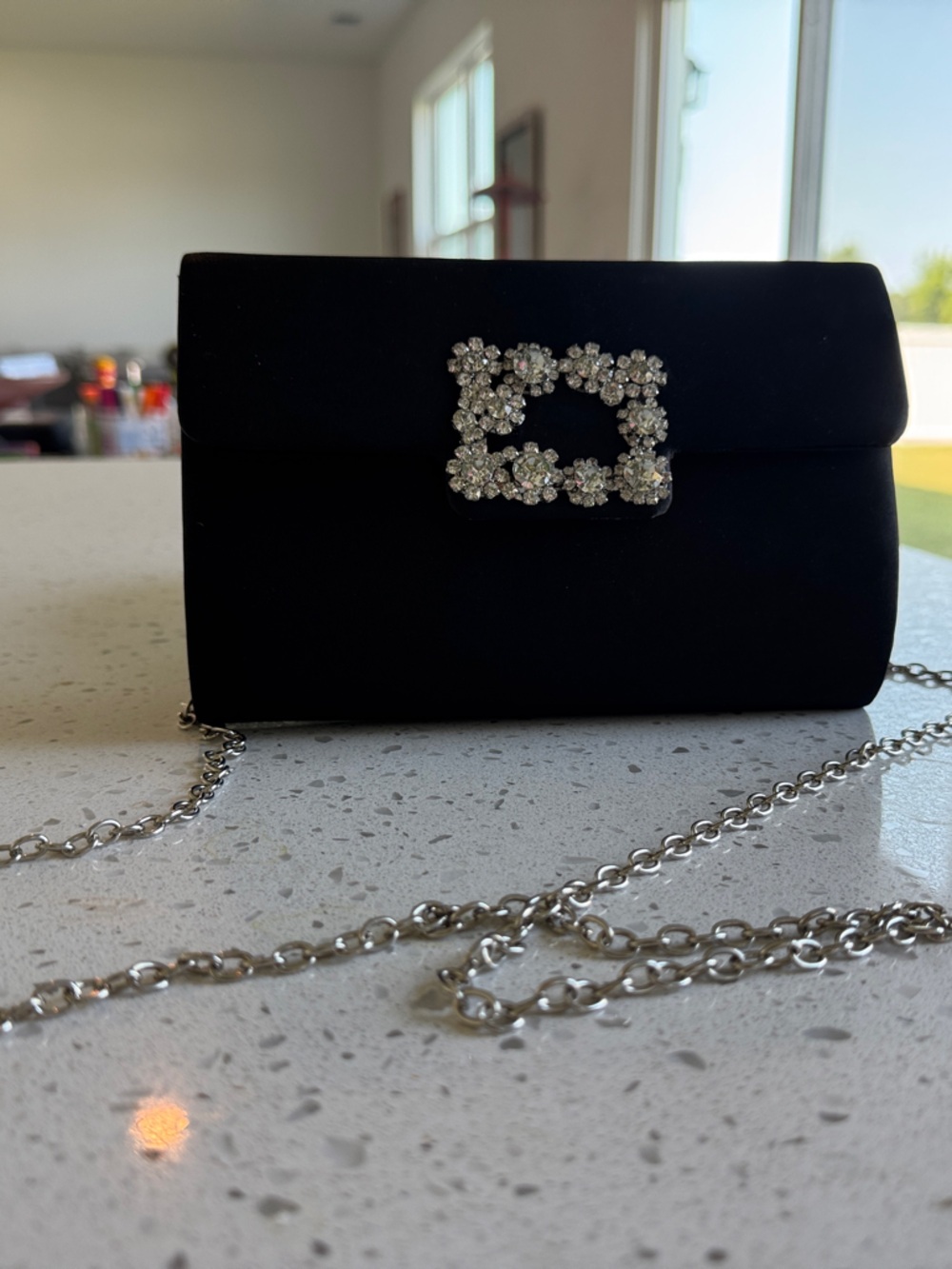 Black Satin Evening Clutch with Crystal Buckle